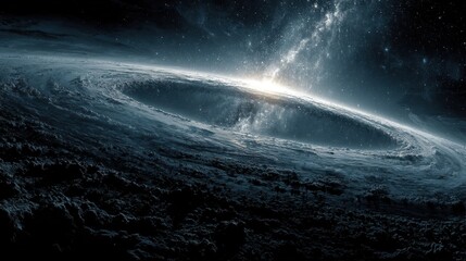 Fototapeta premium Astronomical Phenomenon: Black Hole with Accretion Disk Illuminating a Rocky Terrain