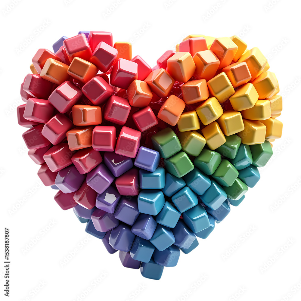 Poster a heart made of colorful cubes arranged in a heart shape design isolated on transparent background