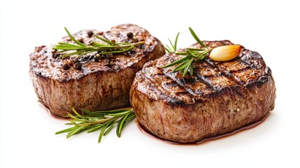 Grilled filet mignon steaks seasoned with fresh rosemary and black peppercorns on white background