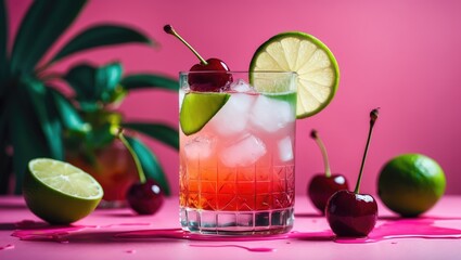 Cold and refreshing summer drink with lime and cherries on colorful bright pink background, with empty copy space for text.