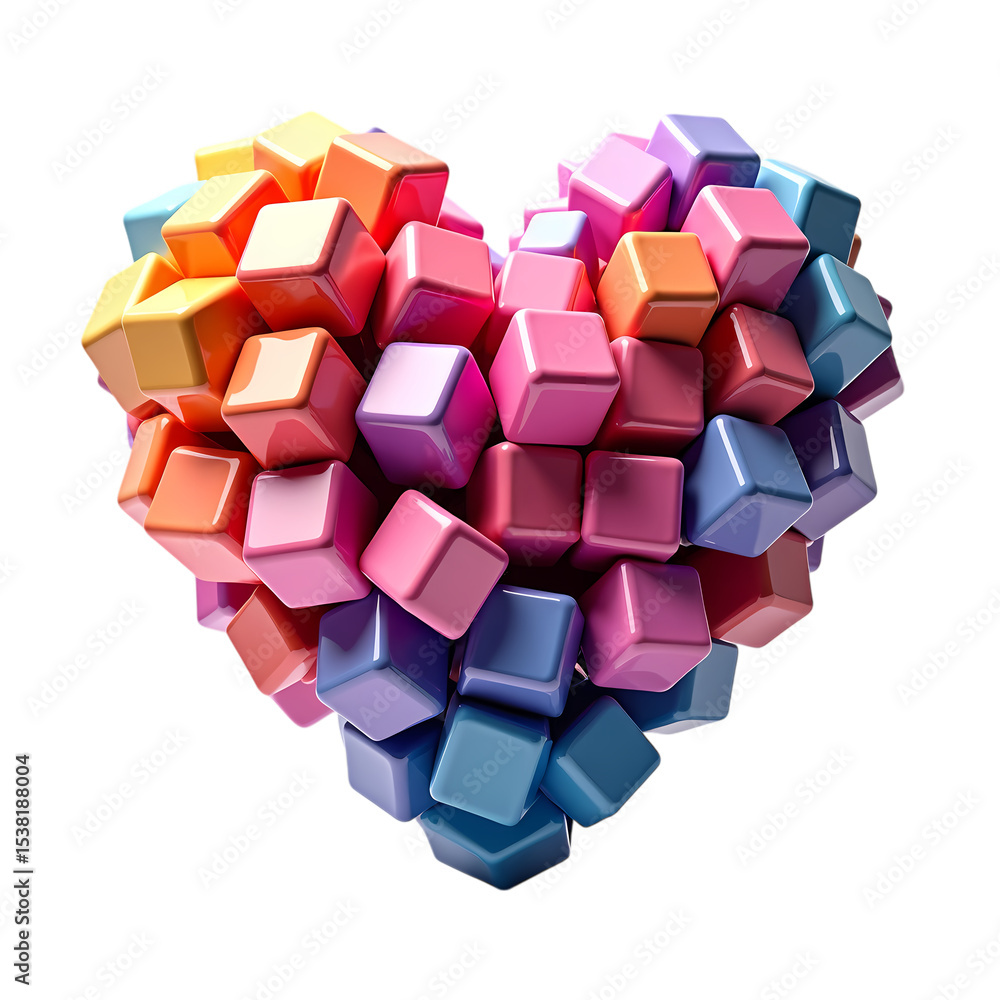 Poster a heart shape formed by many colorful cubes isolated on transparent background