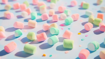 A cheerful assortment of pastel-colored marshmallows scattered across a smooth, pale blue and white surface. The marshmallows come in soft hues of pink, green, yellow, and white.