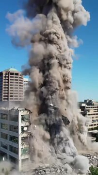 A pristine, multi-story, modernist white corporate building implodes and collapses in a dense urban cityscape under a bright sky, generating a colossal yellowish-grey dust cloud in a powerful video