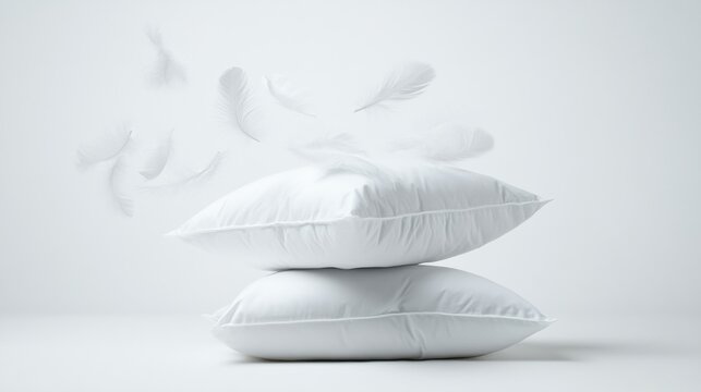 White pillows stacked with feathers floating around, set against a minimalist white background.