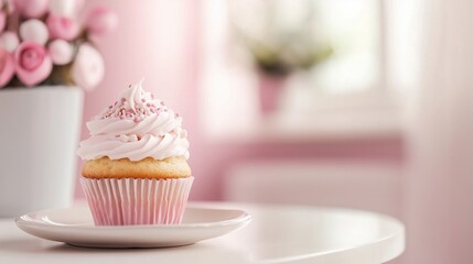 A cupcake with light pink frosting swirled generously on top and candy sprinkles sits centered on a white plate atop a glossy white table. Pink room on the blurred background.