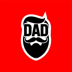 Hipster Dad Logo with Beard and Mustache on Red Background
