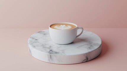 A clean, minimalistic composition featuring a white ceramic cup of coffee with latte art on its surface. The cup is placed on a round, polished white marble podium. The background is a pastel pink.
