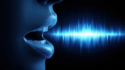 Blue sound waves emanating from a mouth on dark background, showing Tech Wave and Audio Lines creating vibrant Music Vibes in audio flow