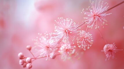 A close-up of blooming pink mimosa flowers on the soft blurred background.