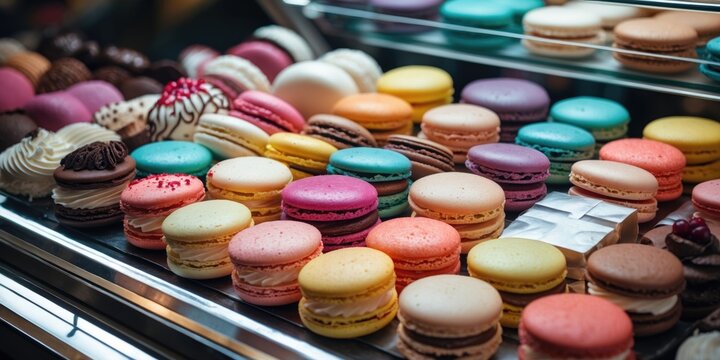 Assortment of colorful macaroons on cafe showcase with variety of macaron flavours, sweet almond cakes in store, and empty space for text.