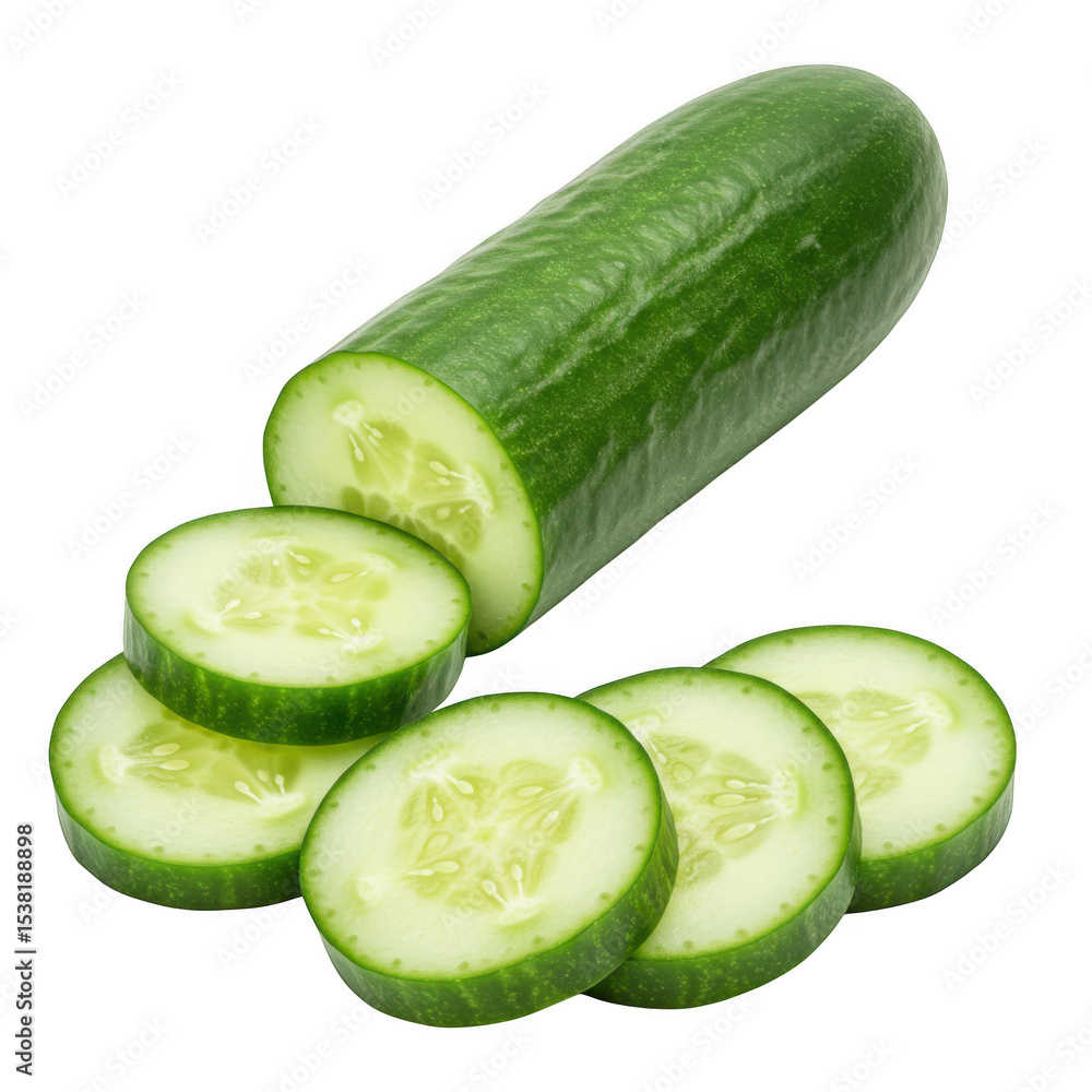 Poster fresh green cucumber slices and whole cucumber isolated on transparent background