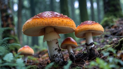 Fototapeta premium Amanita muscaria, known as the fly agaric, depicted amid forest scenery with mushrooms and background.