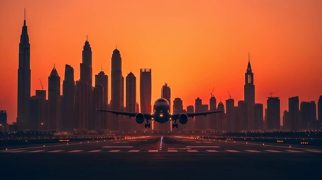 Airplane Landing with Dubai Skyline at Sunset Near Dubai Airport with Red Orange Sky