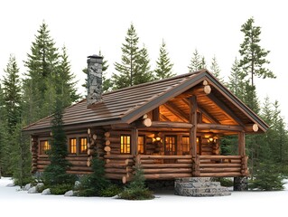 Cozy rustic log cabin surrounded by lush green pine trees in a peaceful forest setting perfect for nature retreat and outdoor adventure