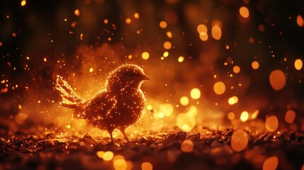 Glowing bird perched on rocky ground with bokeh lights in the background