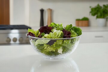 Glass bowl filled with fresh salad.