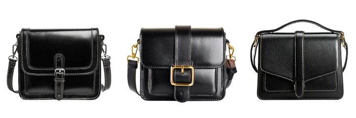 Set of black color leather shoulder bag for woman isolated on a transparent background