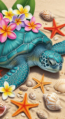 Naklejka premium Beautiful Sea Turtle Resting On Sandy Beach With Tropical Plumeria Flowers And Seashells