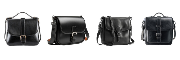Set of black color leather shoulder bag isolated on a transparent background