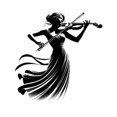 A violinist in a dress is happily playing the violin.