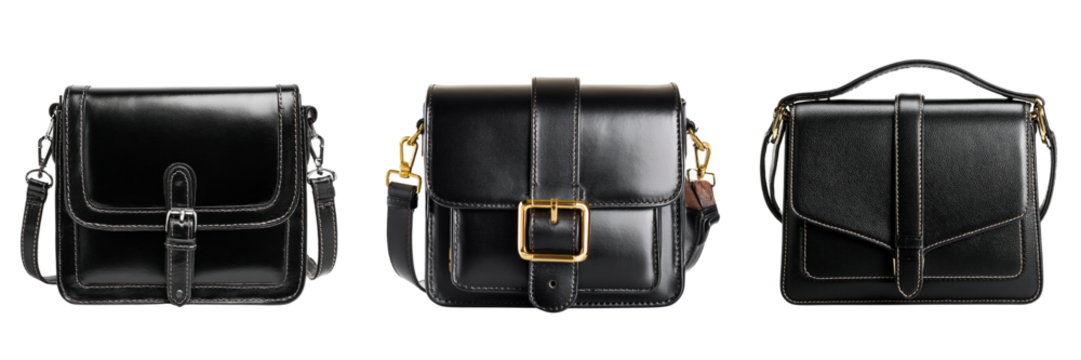 Set of black color leather shoulder bag for woman isolated on a transparent background - Powered by Adobe