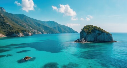 Fototapeta premium Clear Turquoise Blue Sea At Bay with Empty Copy Space For Text