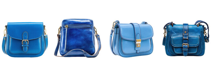 Set of blue color leather shoulder bag isolated on a transparent background