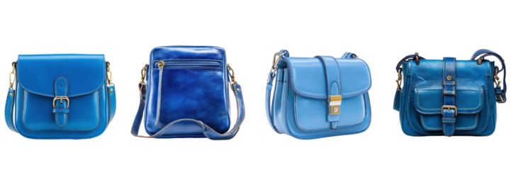 Set of blue color leather shoulder bag isolated on a transparent background