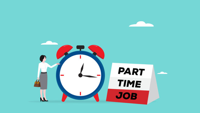 part time job design illustration, part-time online job opportunity, business woman standing while offering part time jobs with clock and banner