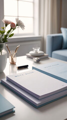 Fototapeta premium photo of white home office desk near window with notebook and elegant stationery in natural morning lighting interior design wallpaper background