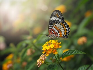 Obraz premium Colorful butterfly on yellow flower in garden