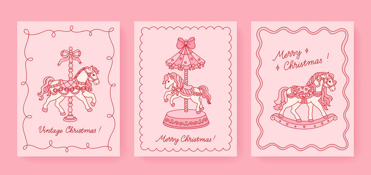 Merry Christmas set of 3 vertical cards with vintage carousel horse, vintage toy rocking horse, bows, hearts. Templates with whimsical animals for invitation, poster, cover. Coquette retro concept