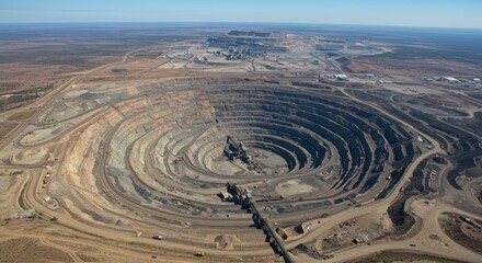 Naklejka premium Aerial view of a massive open-pit mine, revealing intricate layers and infrastructure.