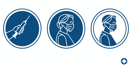 Medical safety symbols, syringe injection and mask wearing guidelines illustration