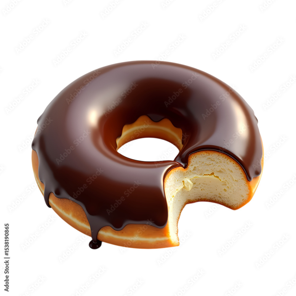 Poster close up of a chocolate frosted donut with a bite taken out of it isolated on transparent background