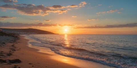 Coastal Beach Sunset during evening with calm waves and colorful sky. Seaside view with sunset lighting and serene atmosphere.