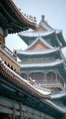 Fototapeta premium Snow-covered Traditional Chinese Architecture with Intricate Roof Details