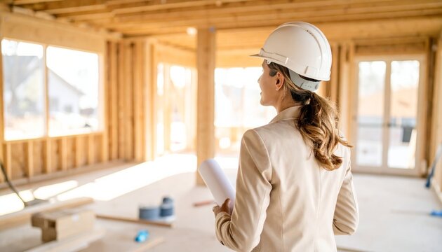 A smiling woman construction worker, an architect or engineer, wears a safety helmet while talking on her phone at a building site.