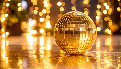 A bright, shiny golden disco ball casts a glittering reflection on a dark background, ready for a nightclub celebration