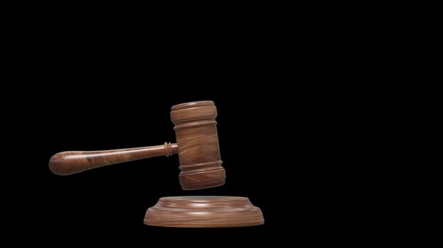 Marteau de cour de tribunal ou de vente aux ench&egrave;res frappant une base en bois - vid&eacute;o en 3D