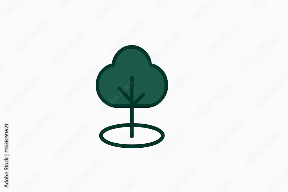 Poster a minimalist tree icon with a dark green canopy and trunk featuring a circular base set against a cl