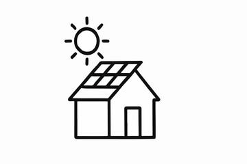 Simple Black and White Line Art Depicting a House with Solar Panels on the Roof Under a Shining Sun Symbolizing Renewable Energy This minimalist