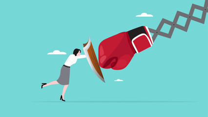 Business threat or problem, challenge or survive to win, survive and struggle to face business competition, defensive business woman using shield to face boxing glove with spring