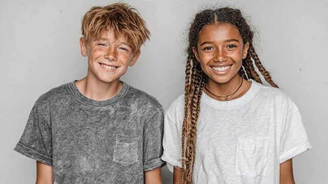 Smiling young friends in casual t-shirts standing together in a studio setting