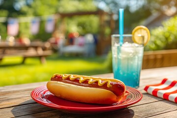 A hot dog with mustard on a red plate, accompanied by a blue drink with a lemon slice. The setting is a sunny picnic area decorated for Independence Day.