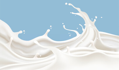 Milk liquid splashing isolated on solid color background. Realistic vector in 3D elements. Food and Drink concepts.