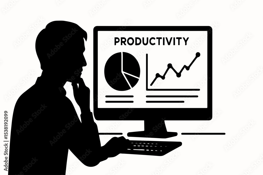 Poster silhouette of a man contemplating productivity data displayed on a computer screen with charts and g