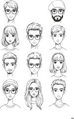 Create a modern set of black ink sketch avatars of human faces is available, featuring young men and women with glasses and various hairstyles, of boys and girls with a hipster. vector  art .