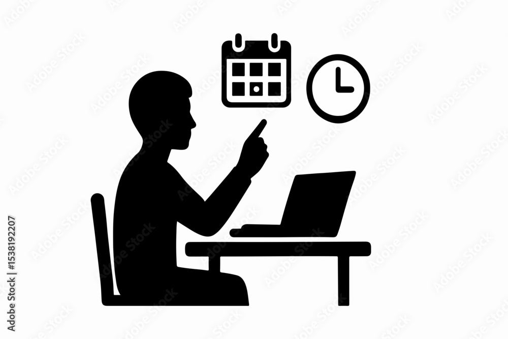 Poster black silhouette of person working at a desk with laptop calendar and clock representing time manage