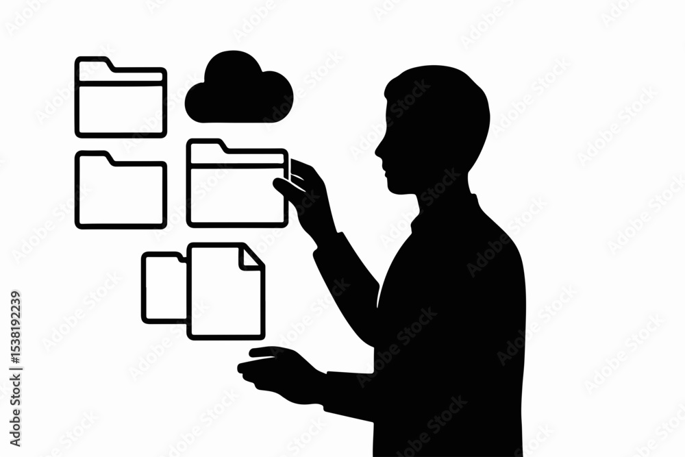 Poster silhouette of a person interacting with digital files and cloud storage representing data management